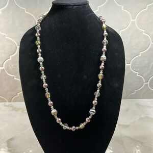 Copper, Clear & White Beaded Necklace 32 inches. Costume Jewelry